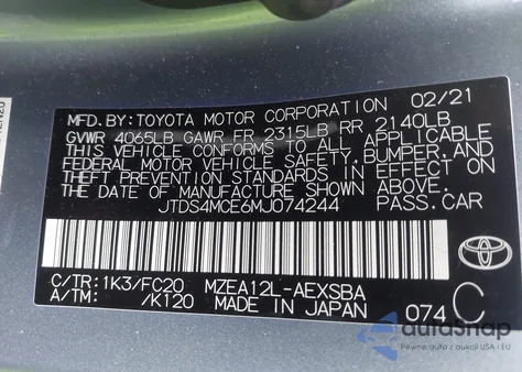 2021 Toyota Corolla Se from USA, damaged, VIN JTDS4MCE6MJ074244